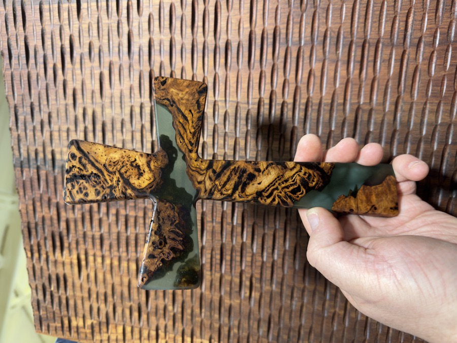 Faceted epoxy cross made from eucalyptus burl