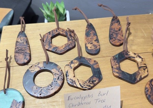 Hanging ornaments made from eucalyptus burl